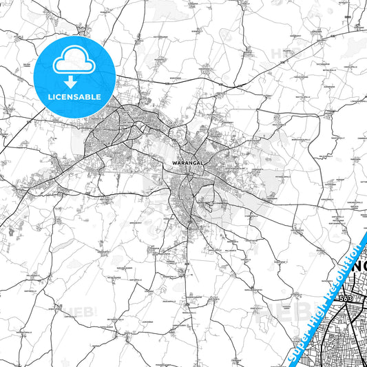 Warangal, India light map with streetnames, citynames and districts