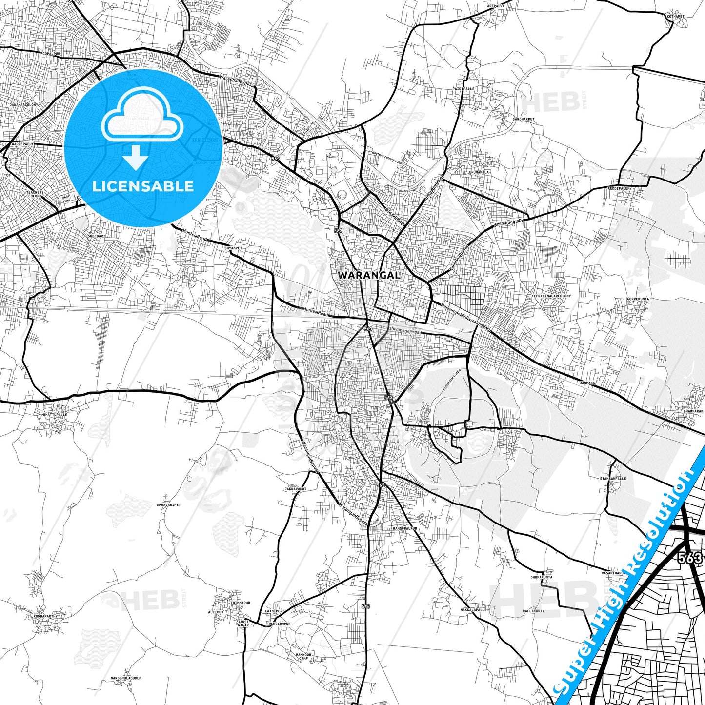 Warangal, India Light Map with Street Names, City Names, and Districts