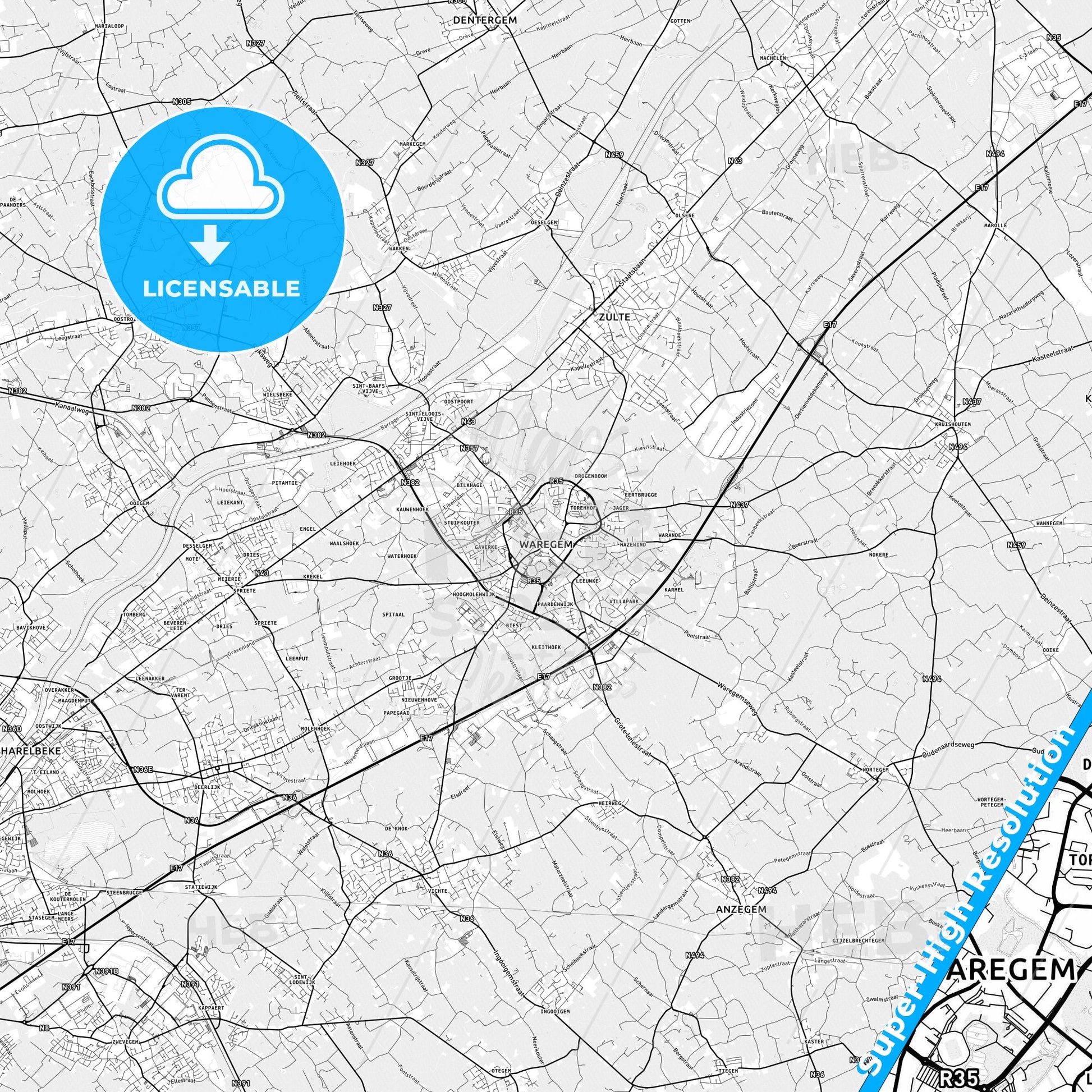 Waregem, Belgium light map with streetnames, citynames and districts