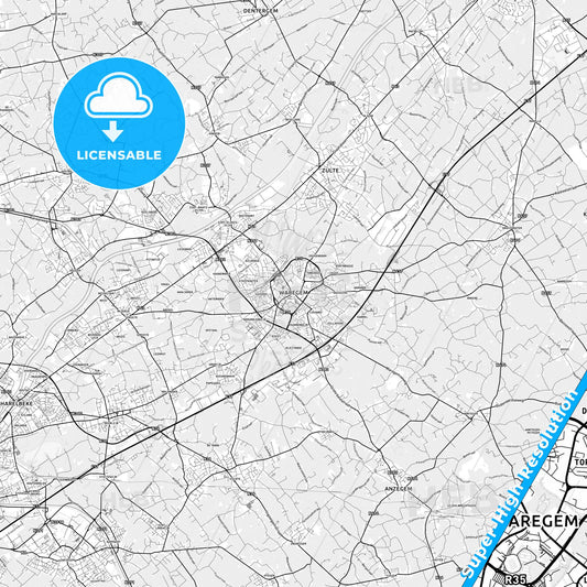 Waregem, Belgium light map with streetnames, citynames and districts