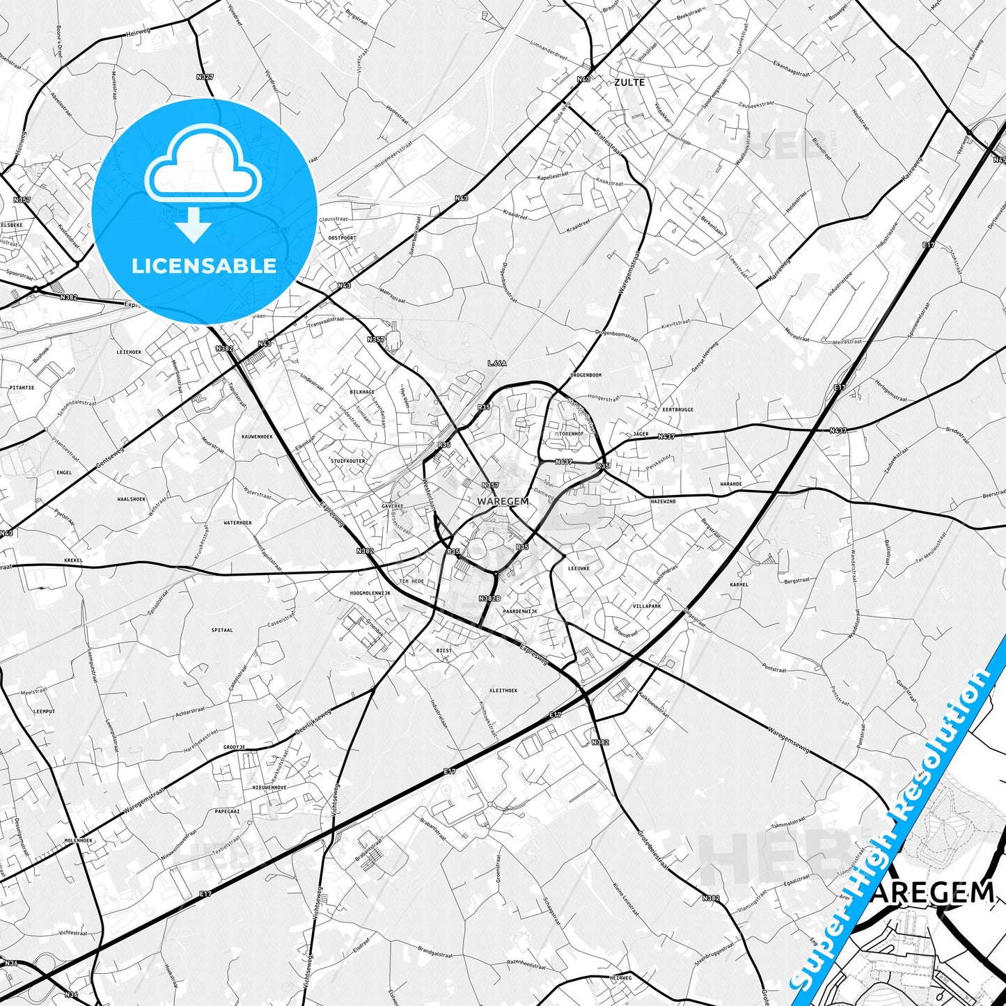 Waregem, Belgium Light Map with Street Names, City Names, and Districts