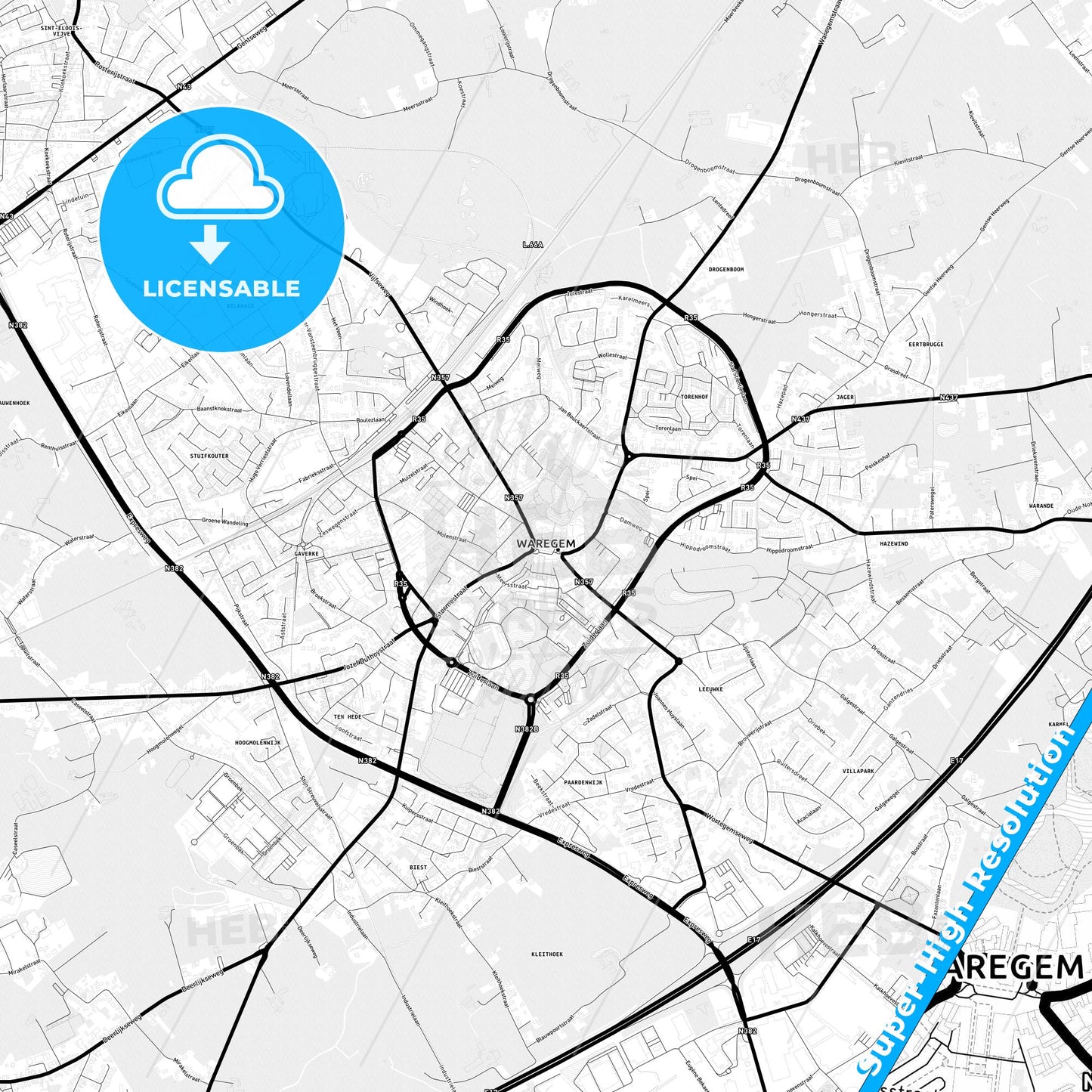 Waregem, Belgium Light Map with Street Names, City Names, and Districts