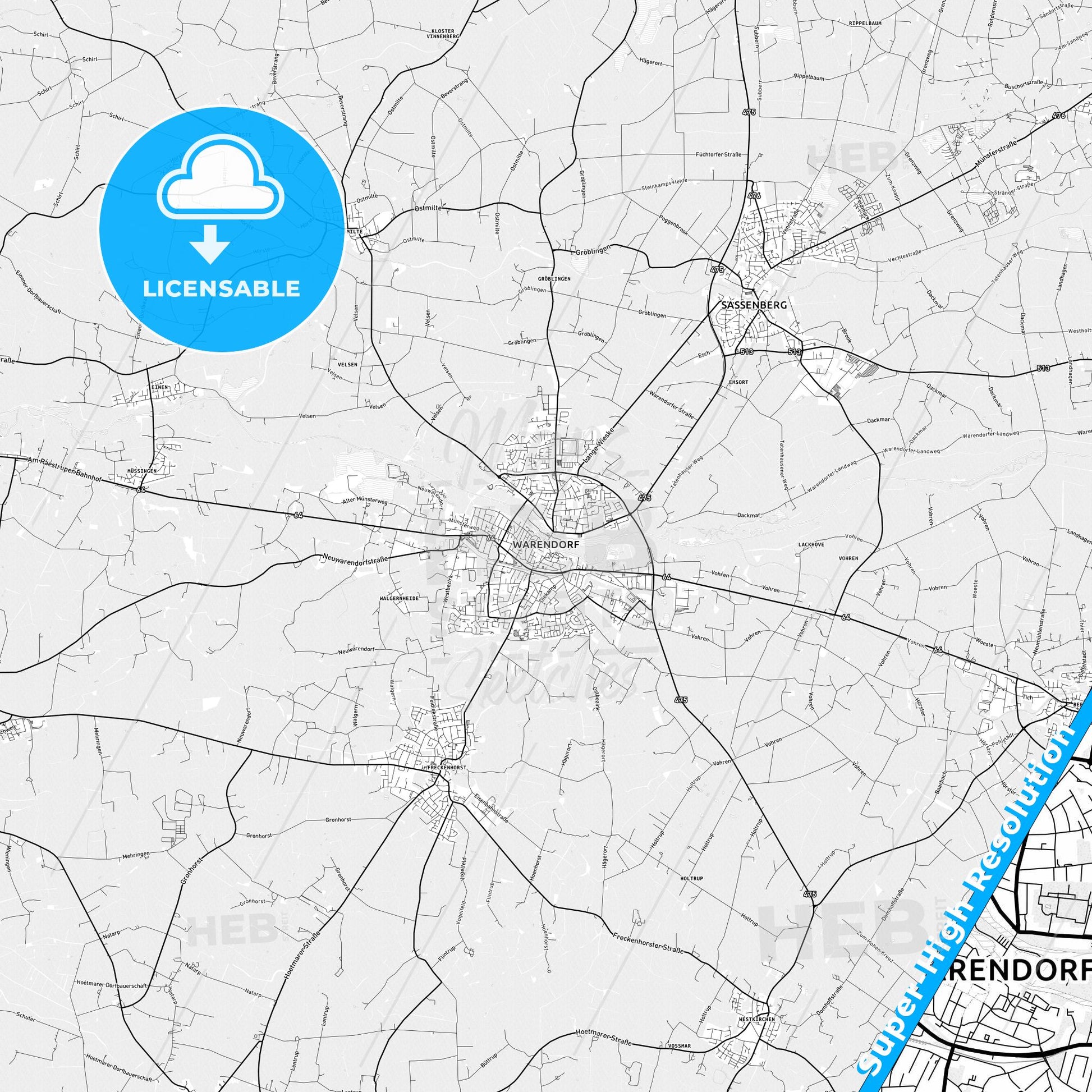Warendorf, Germany light map with streetnames, citynames and districts