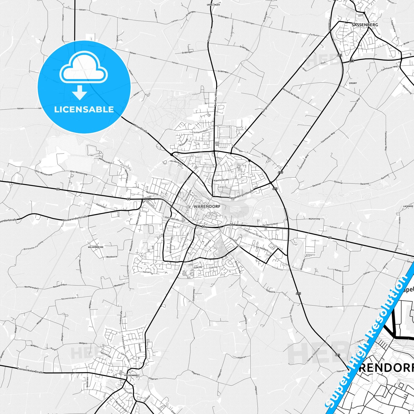 Warendorf, Germany Light Map with Street Names, City Names, and Districts