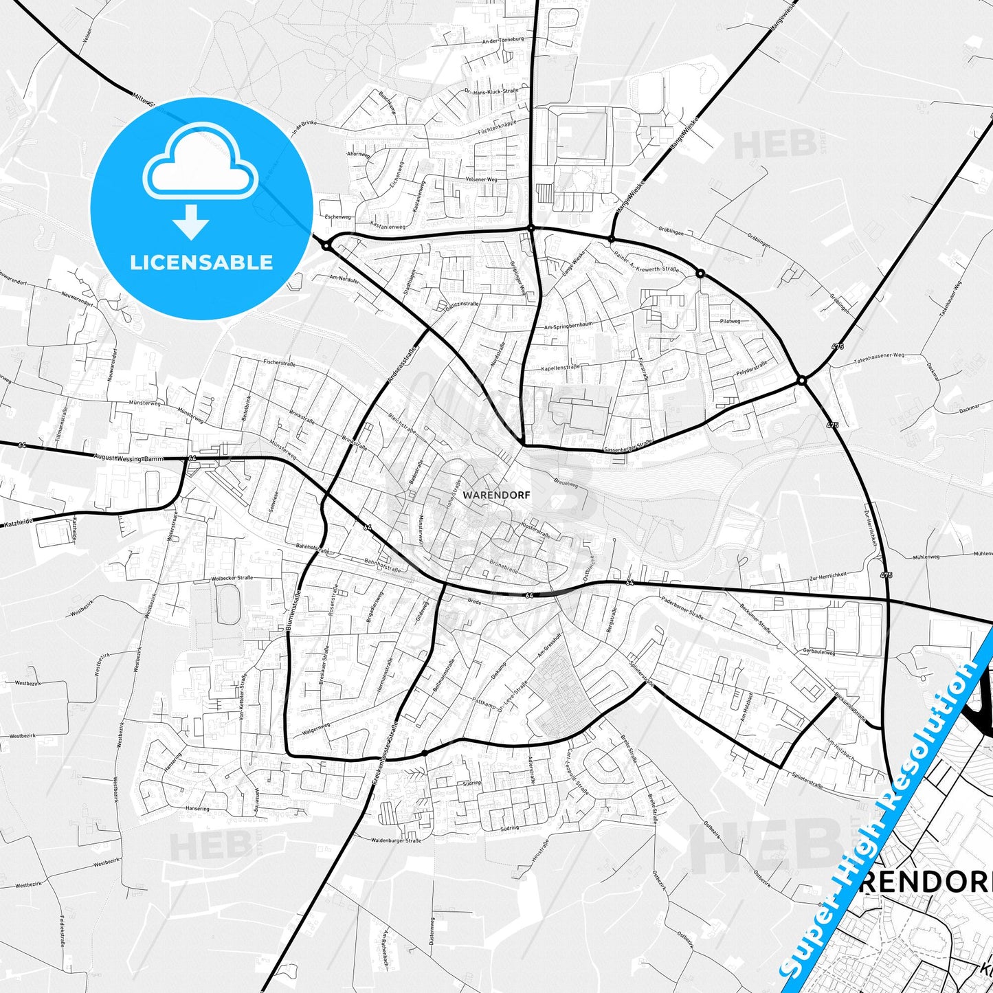 Warendorf, Germany Light Map with Street Names, City Names, and Districts