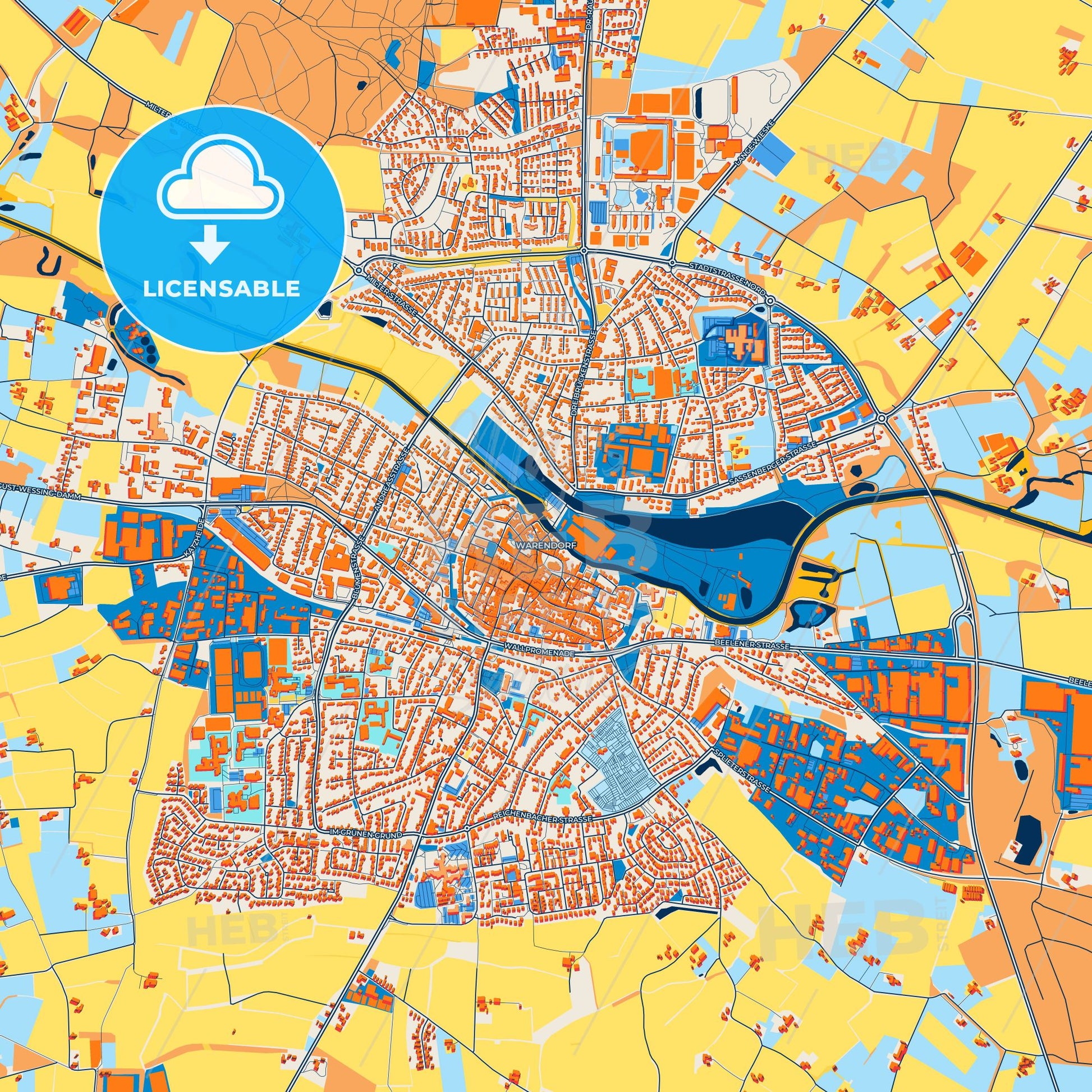 Colorful Warendorf Street Map with Labels and Buildings