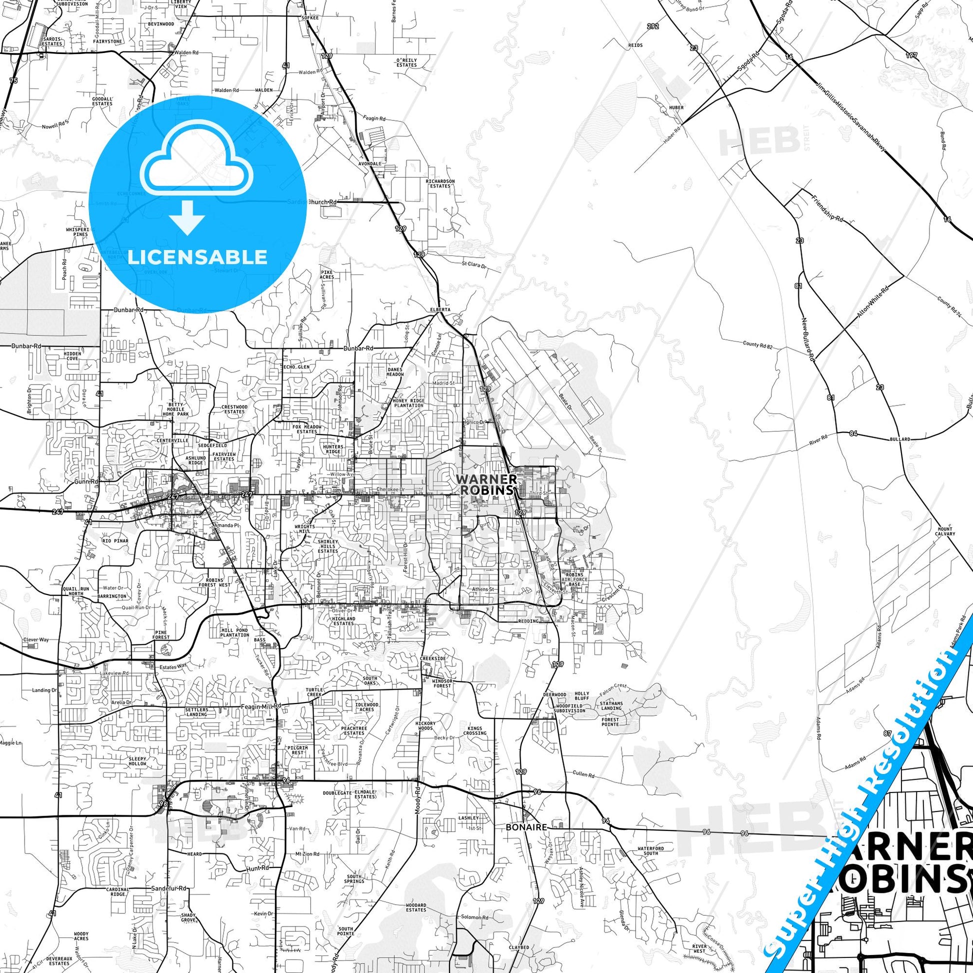 Warner Robins, Georgia light map with streetnames, citynames and districts