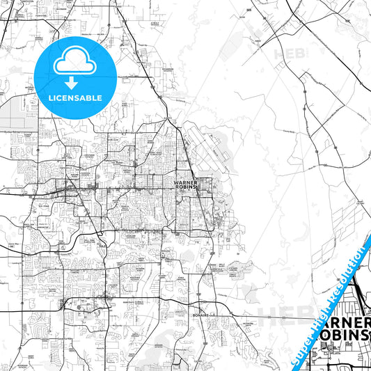 Warner Robins, Georgia light map with streetnames, citynames and districts