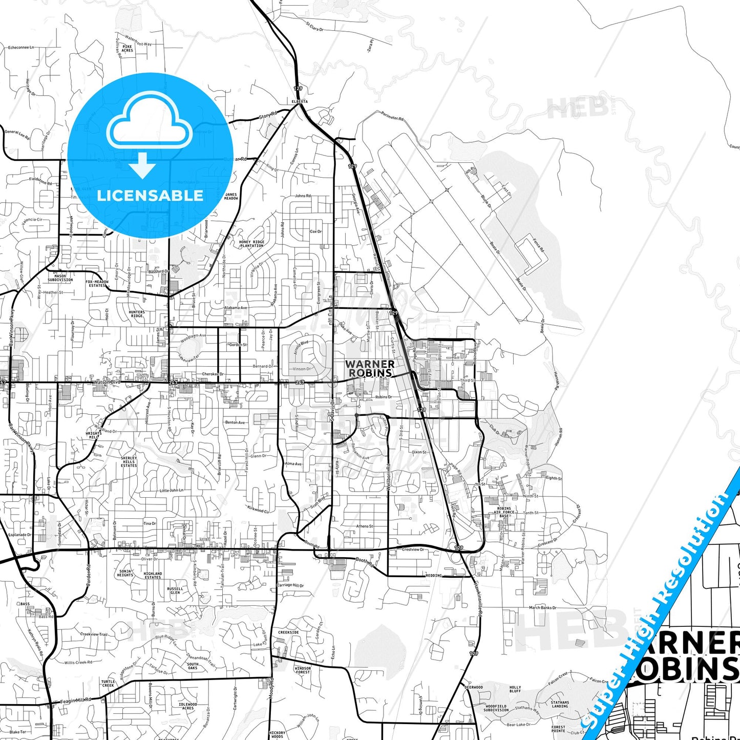 Warner Robins, Georgia Light Map with Street Names, City Names, and Districts
