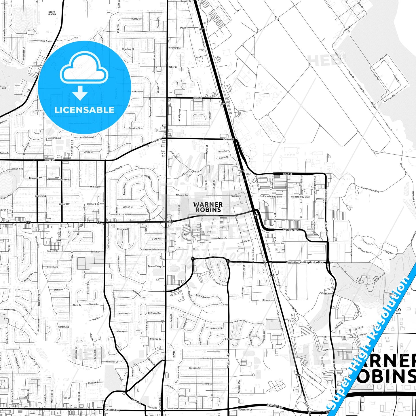 Warner Robins, Georgia Light Map with Street Names, City Names, and Districts