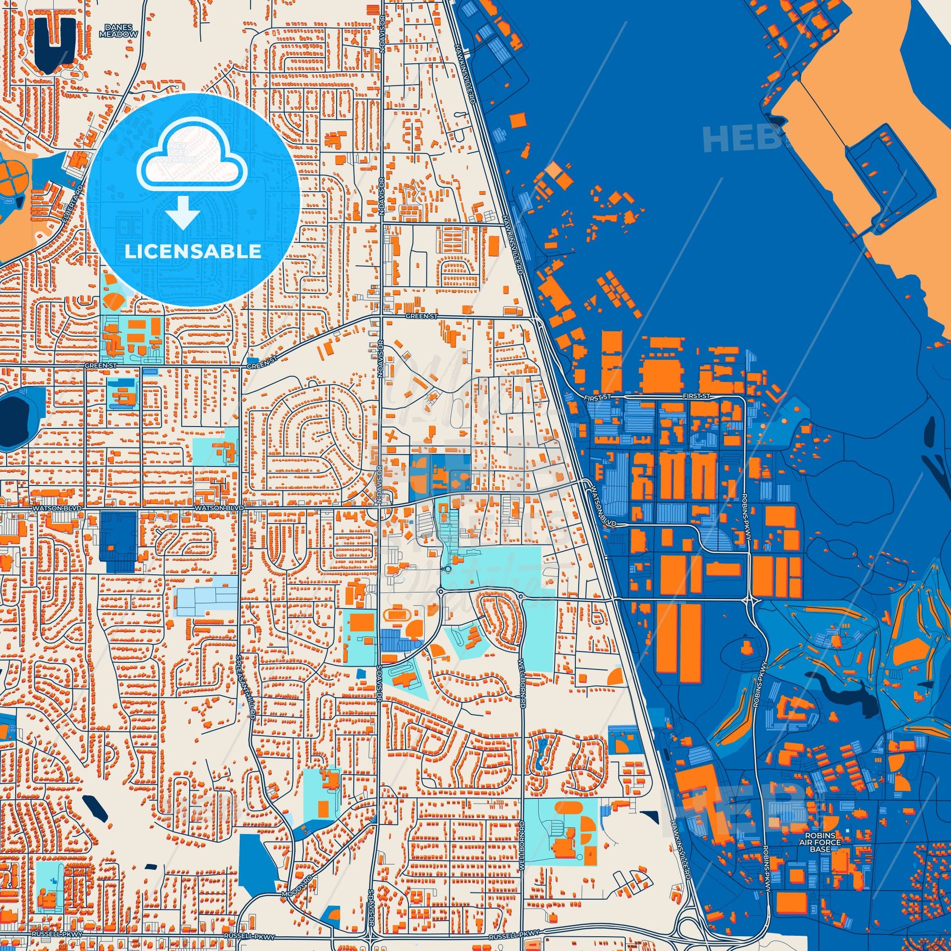 Colorful Warner Robins Street Map with Labels and Buildings