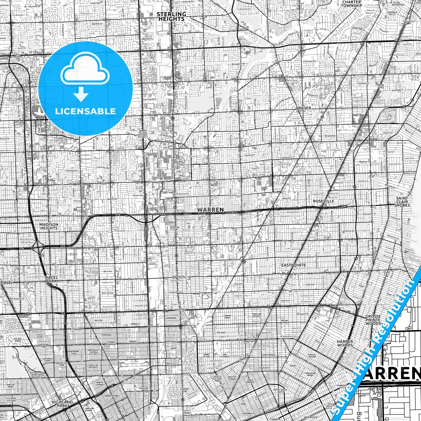 Warren, Michigan light map with streetnames, citynames and districts