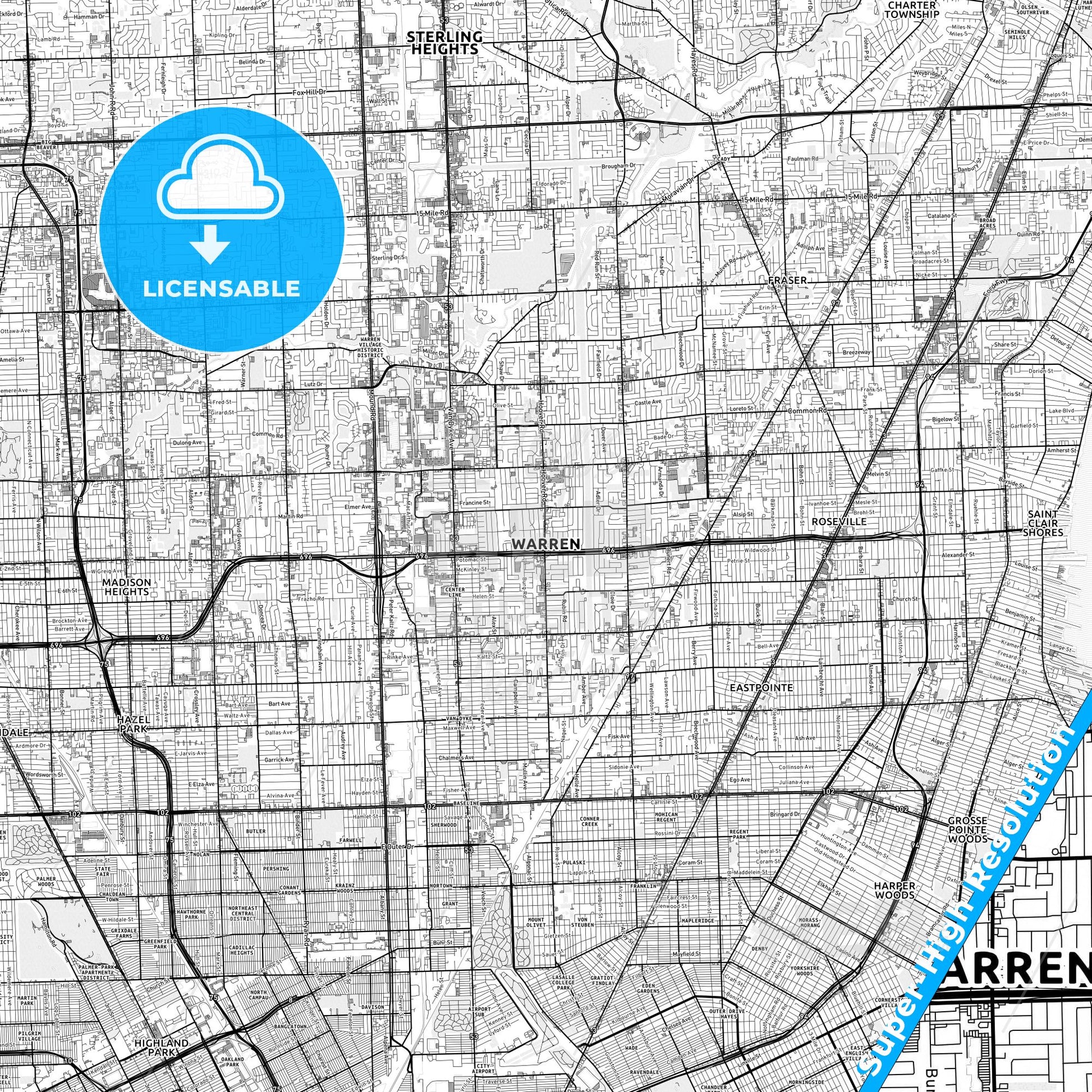 Warren, Michigan light map with streetnames, citynames and districts