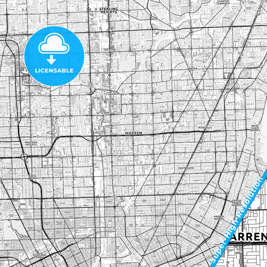 Warren, Michigan light map with streetnames, citynames and districts