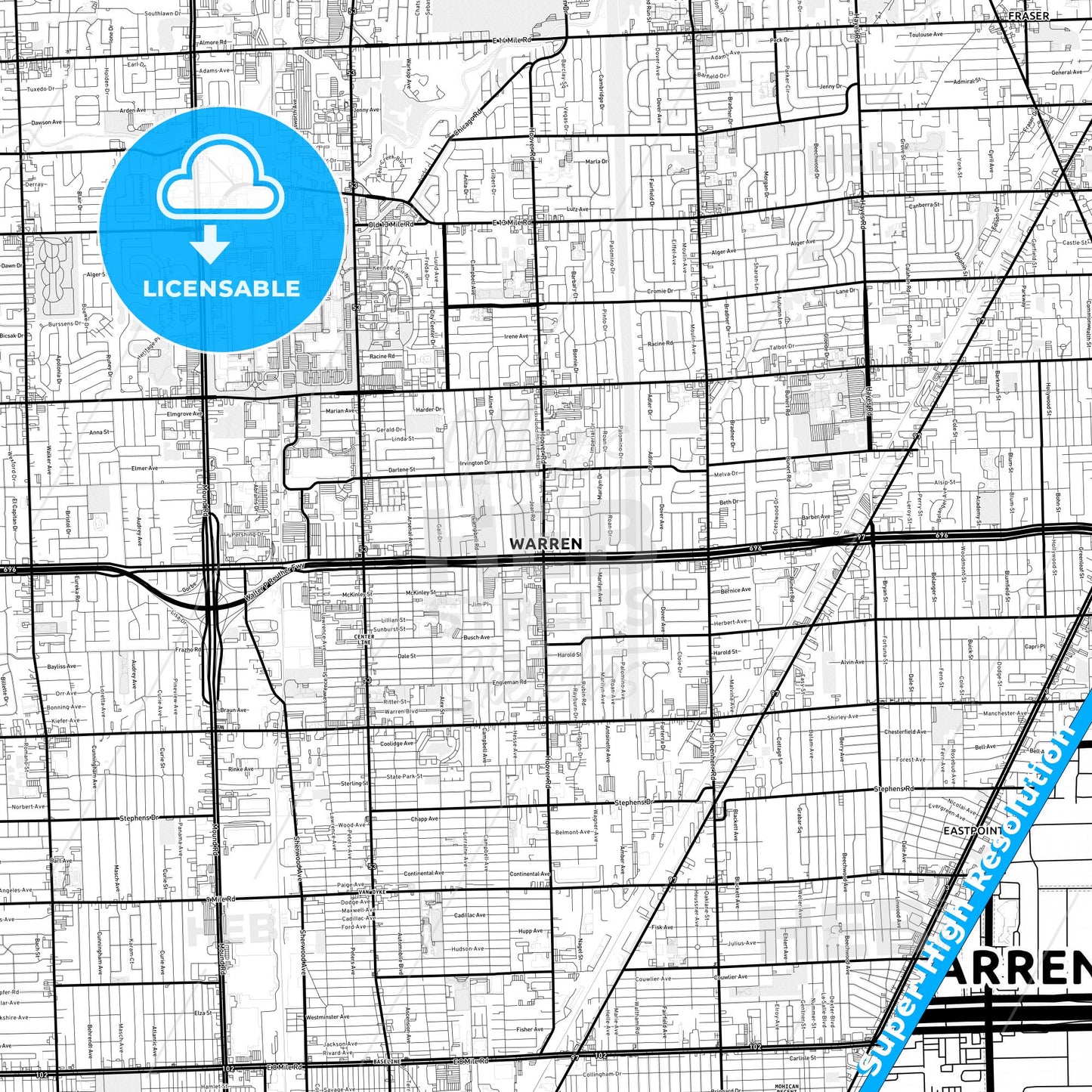 Warren, Michigan Light Map with Street Names, City Names, and Districts
