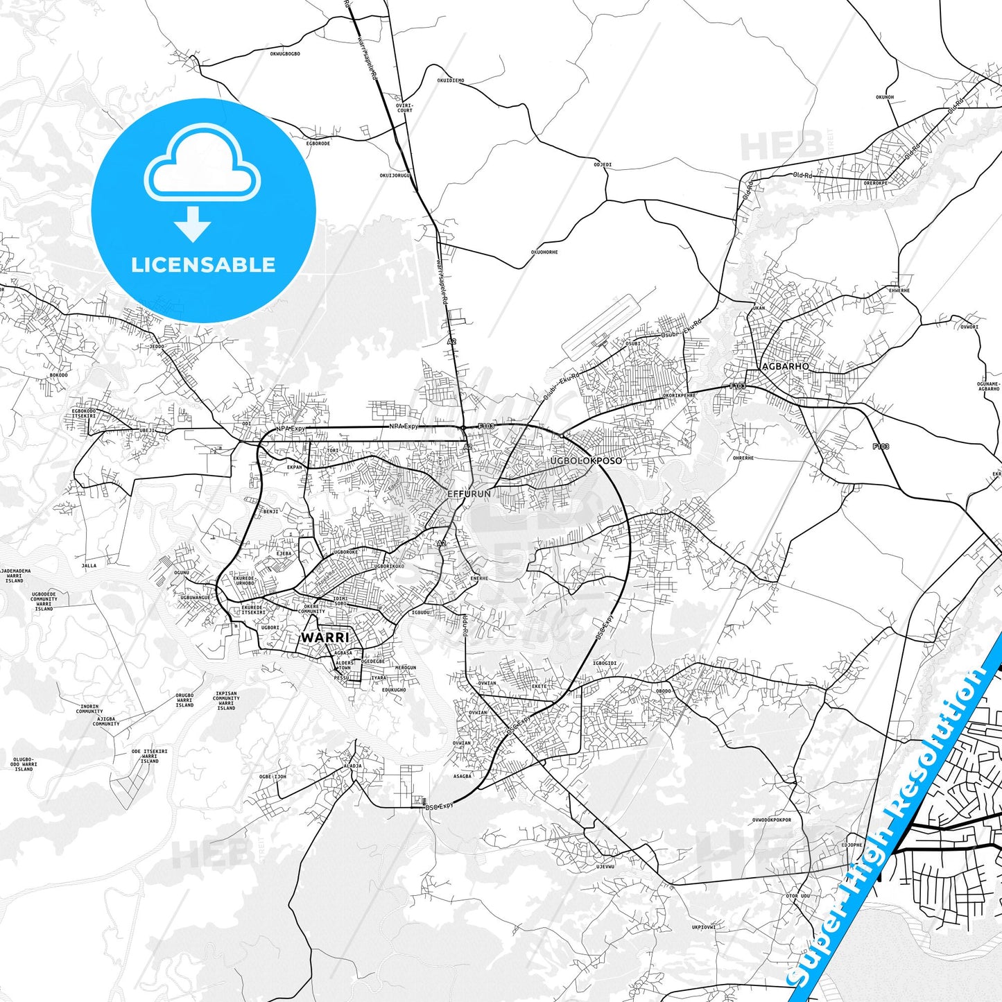 Warri, Nigeria light map with streetnames, citynames and districts