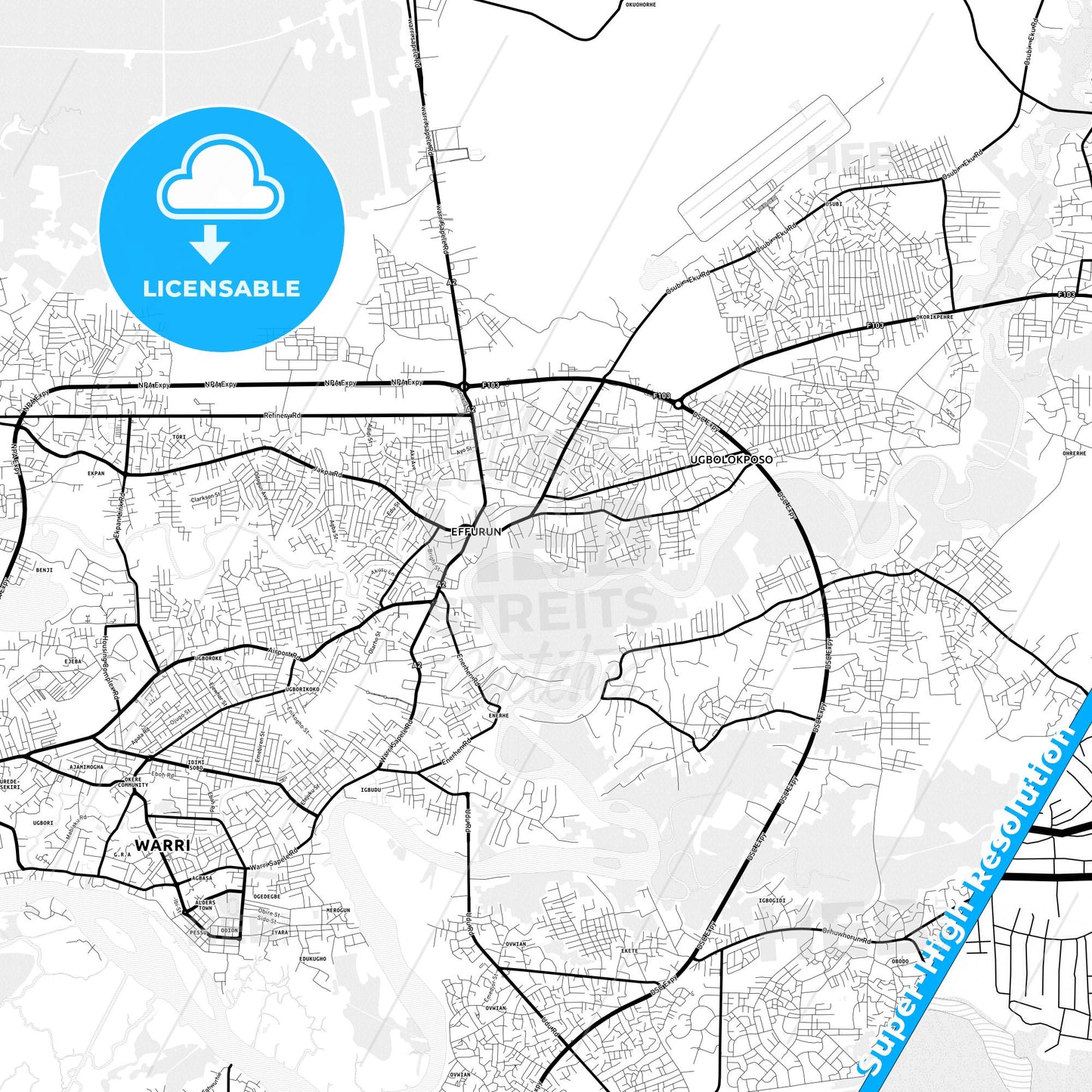 Warri, Nigeria Light Map with Street Names, City Names, and Districts