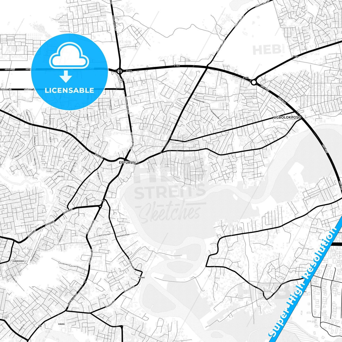 Warri, Nigeria Light Map with Street Names, City Names, and Districts