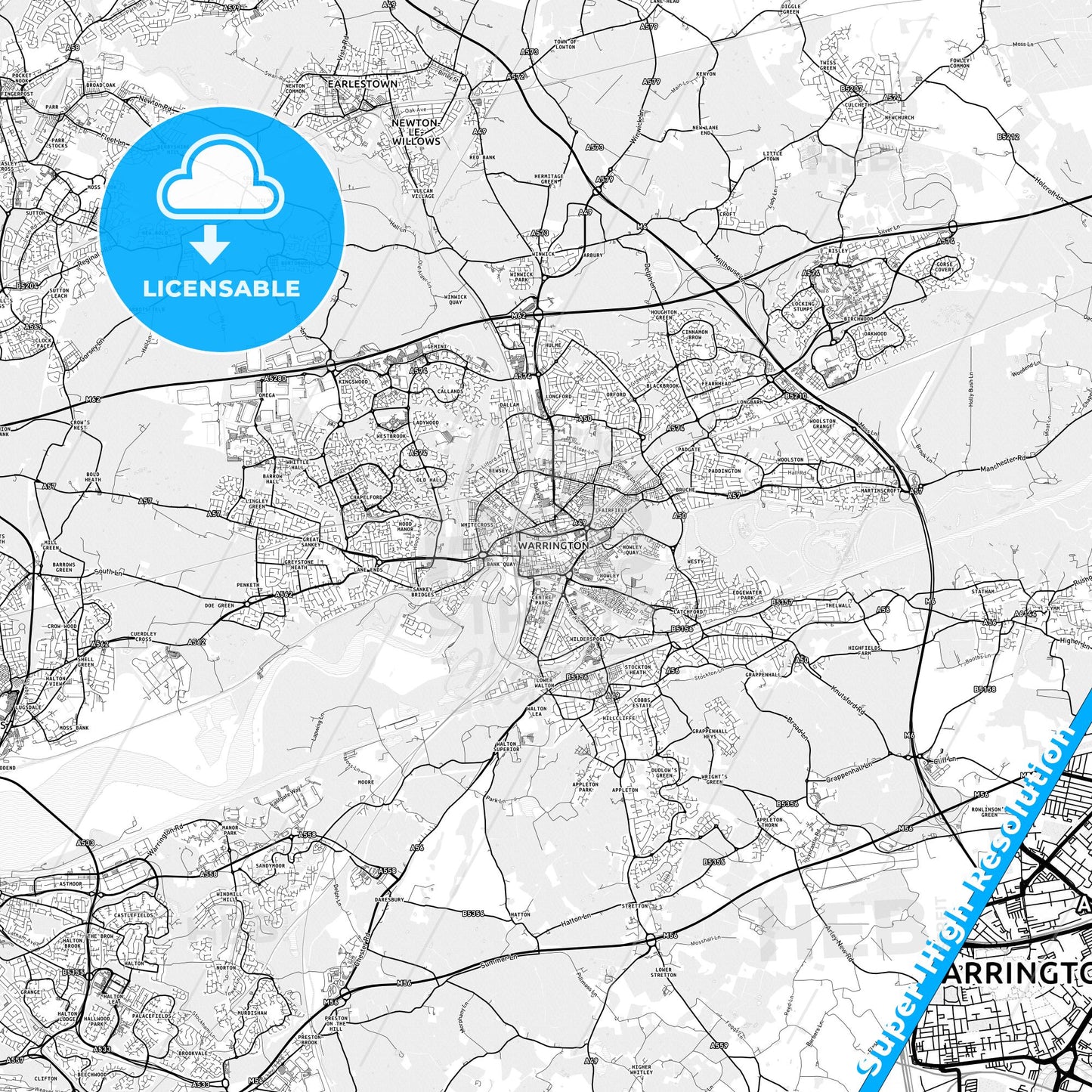 Warrington, England light map with streetnames, citynames and districts
