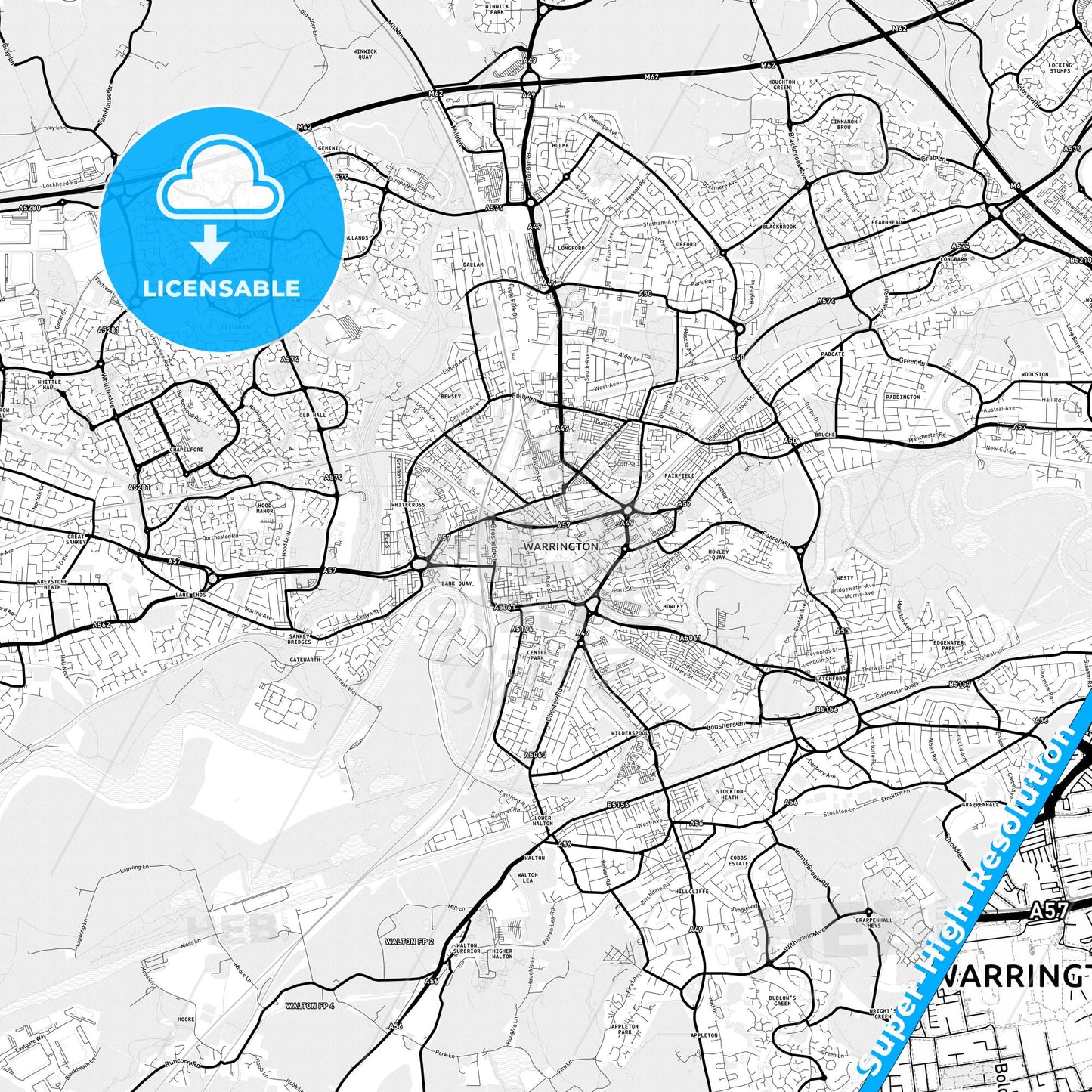 Warrington, England Light Map with Street Names, City Names, and Districts