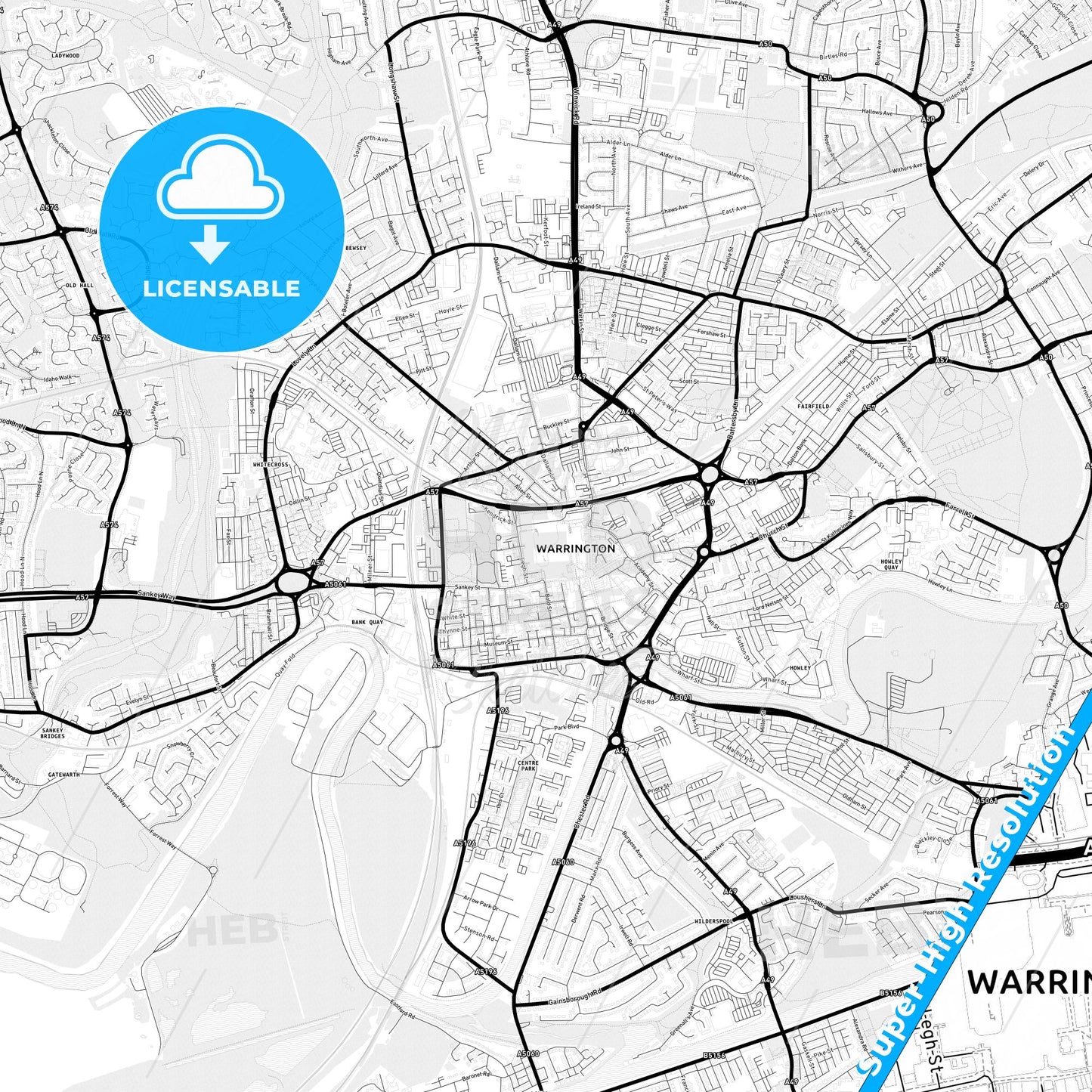 Warrington, England Light Map with Street Names, City Names, and Districts