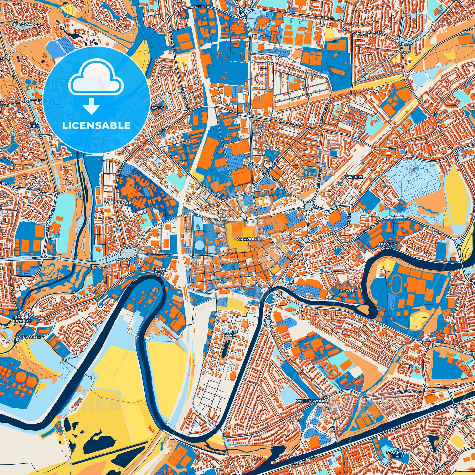 Colorful Warrington Street Map with Labels and Buildings