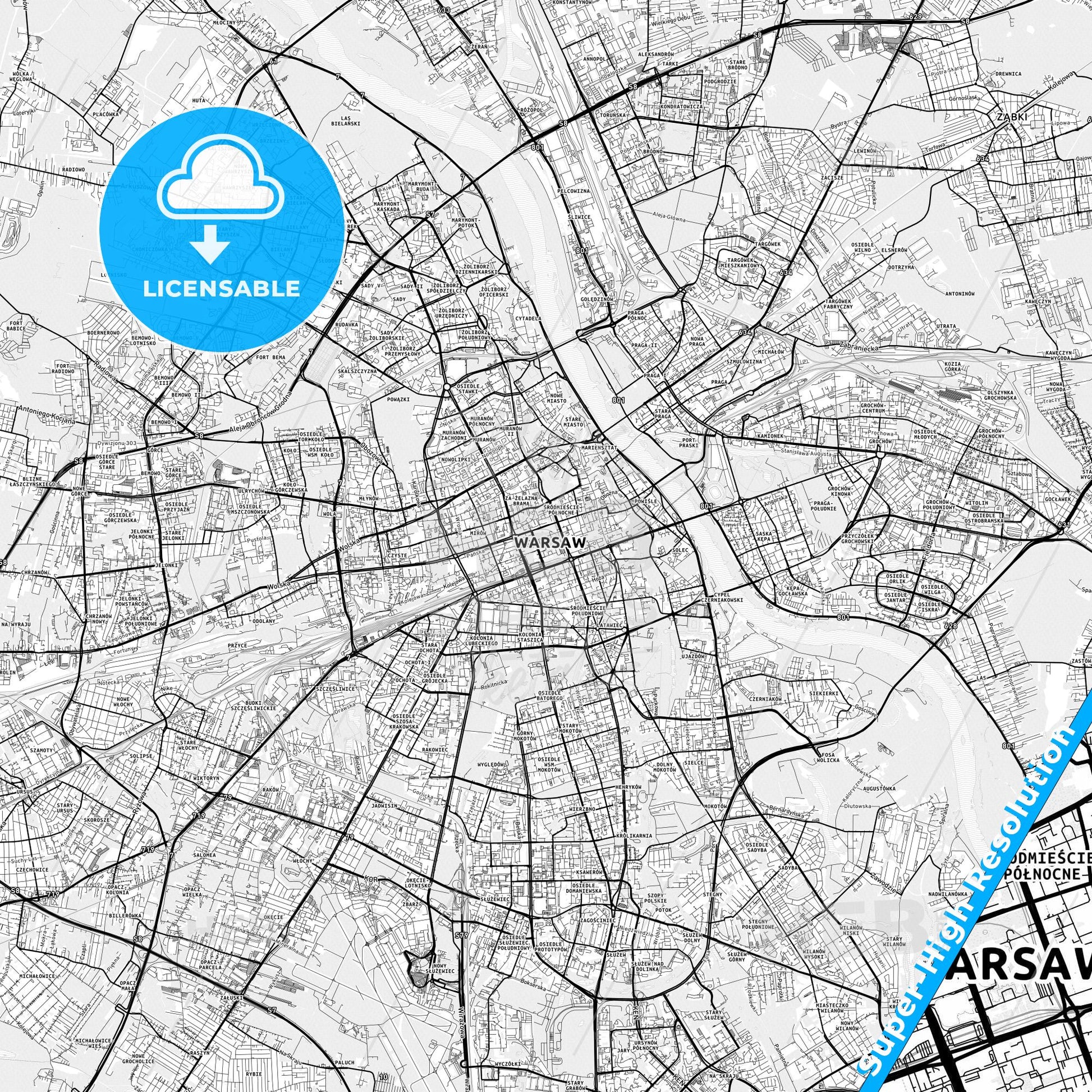 Warsaw, Poland light map with streetnames, citynames and districts