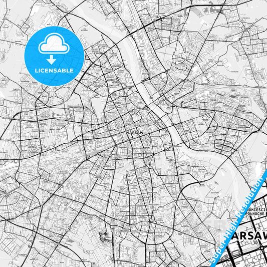 Warsaw, Poland light map with streetnames, citynames and districts