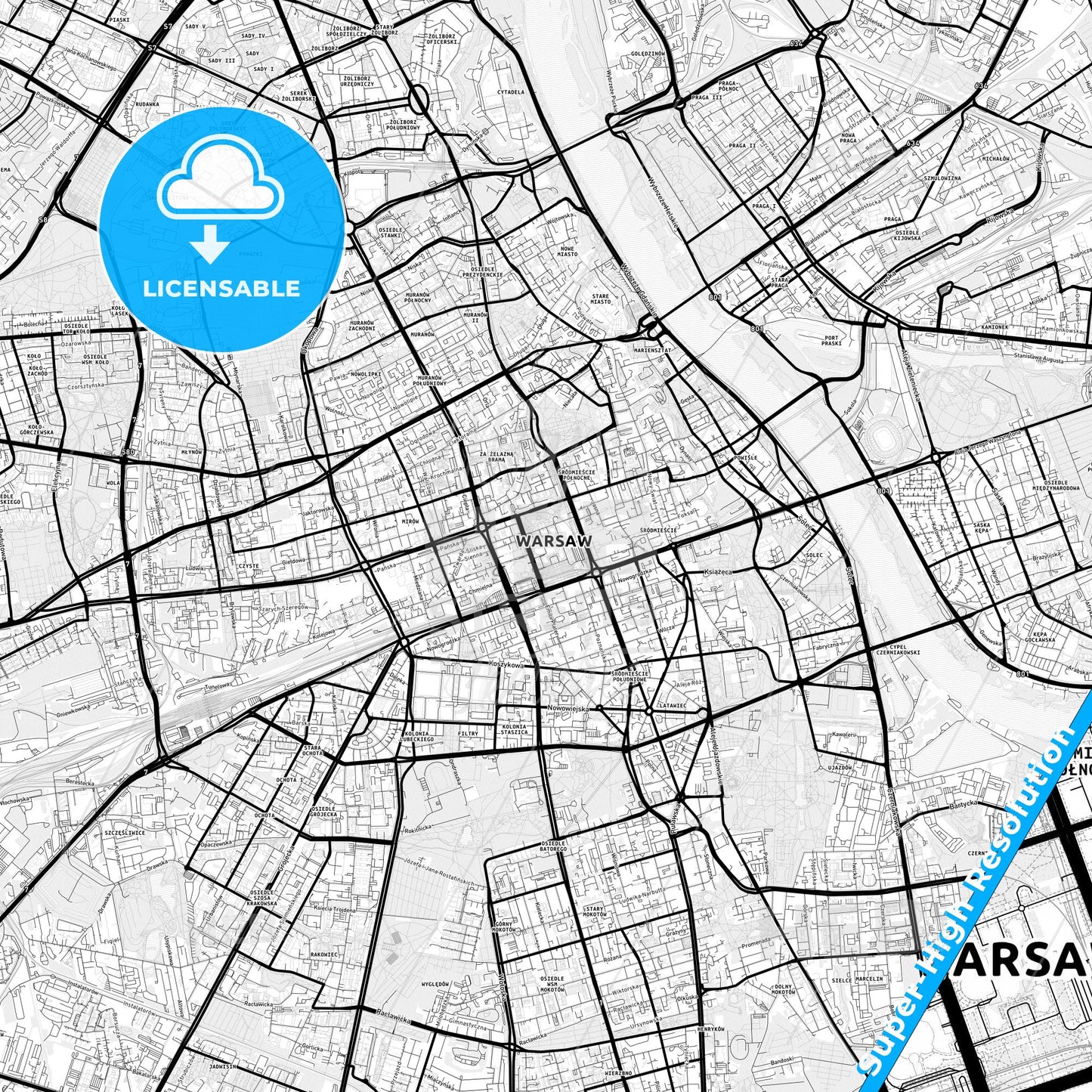 Warsaw, Poland Light Map with Street Names, City Names, and Districts