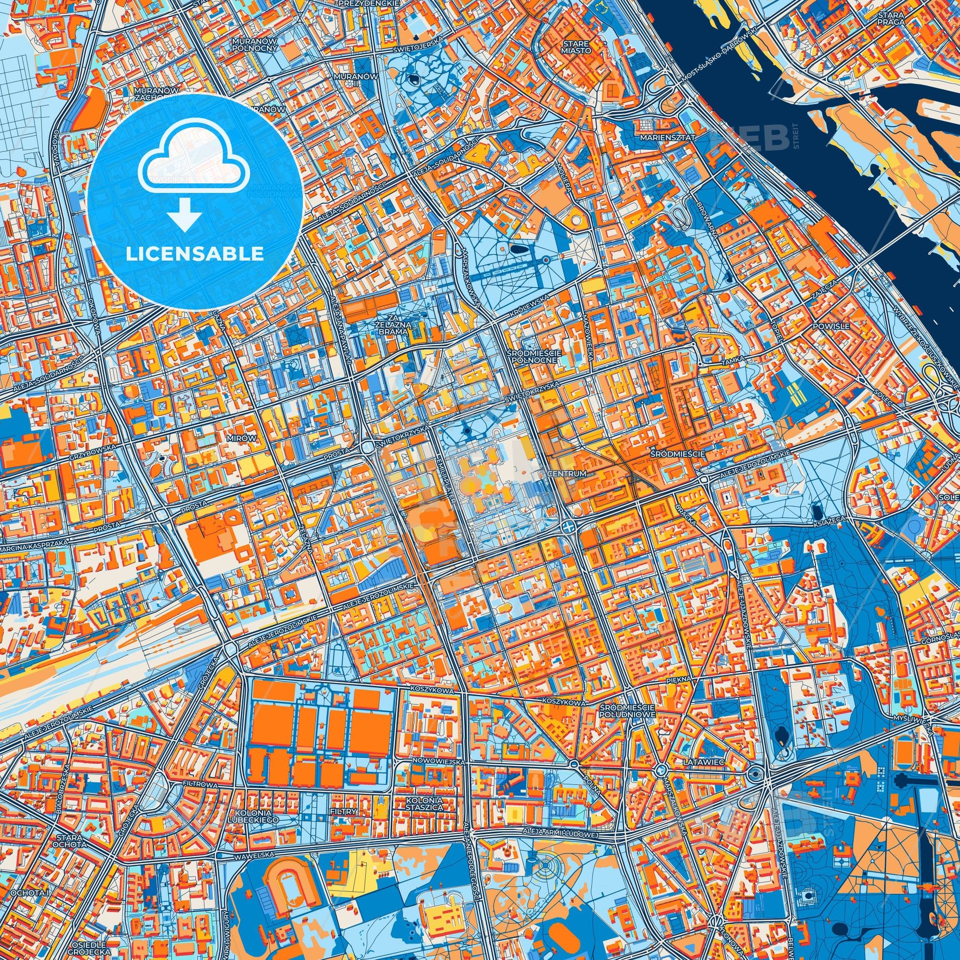 Colorful Warsaw Street Map with Labels and Buildings