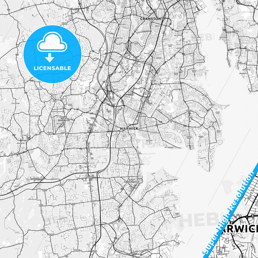 Warwick, Rhode Island light map with streetnames, citynames and districts