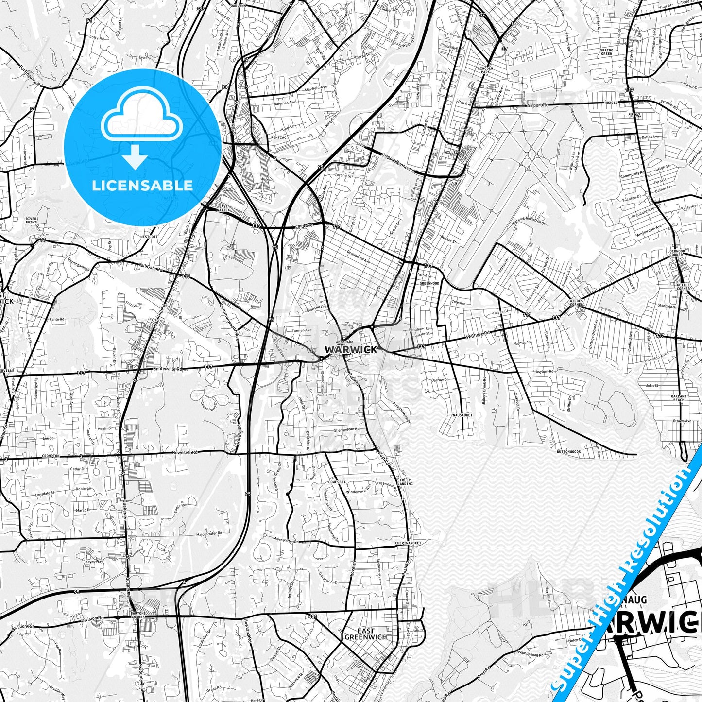 Warwick, Rhode Island Light Map with Street Names, City Names, and Districts