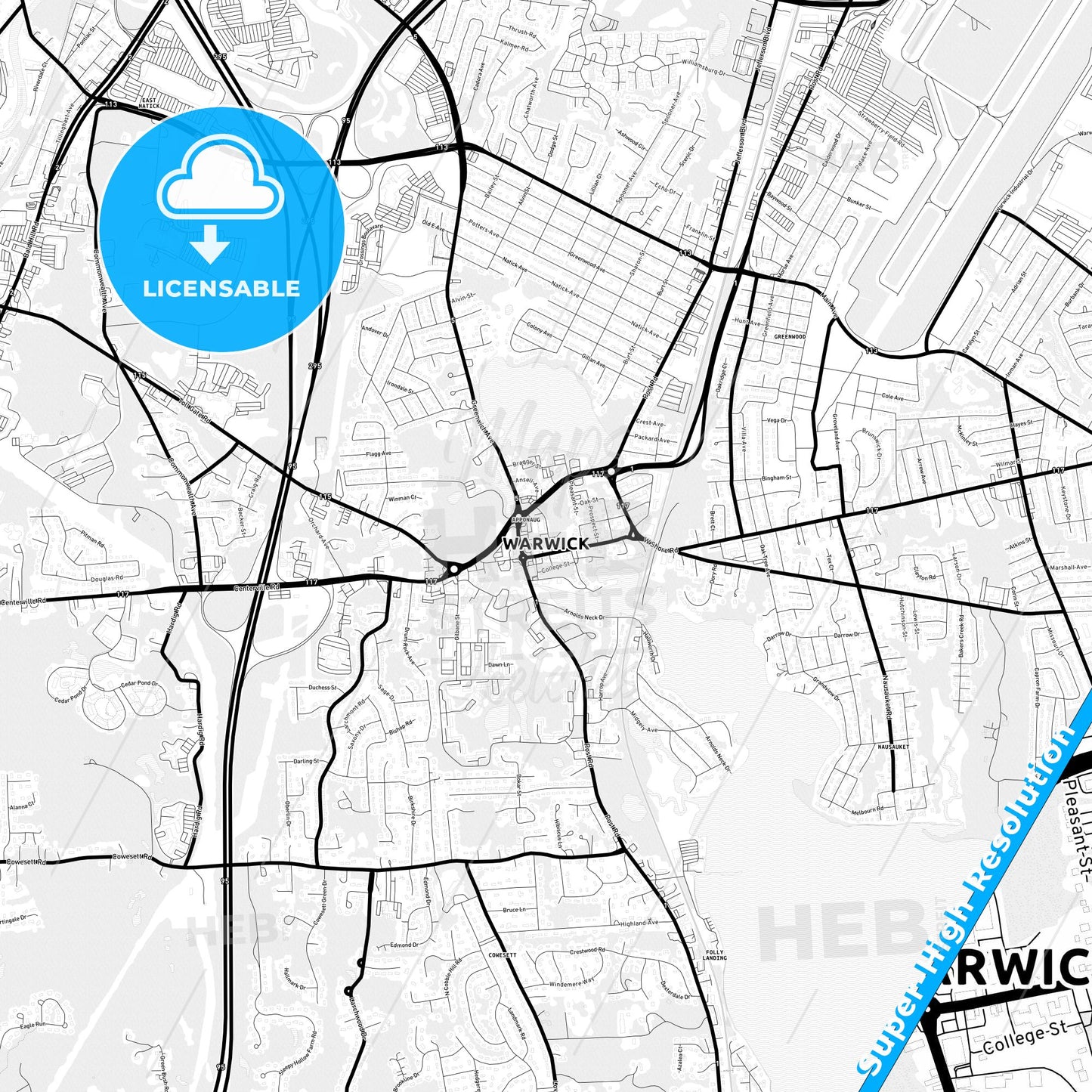 Warwick, Rhode Island Light Map with Street Names, City Names, and Districts