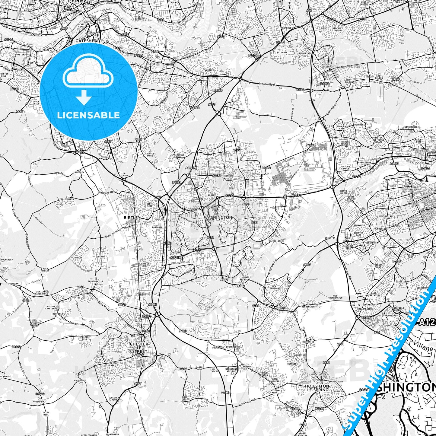 Washington, England light map with streetnames, citynames and districts