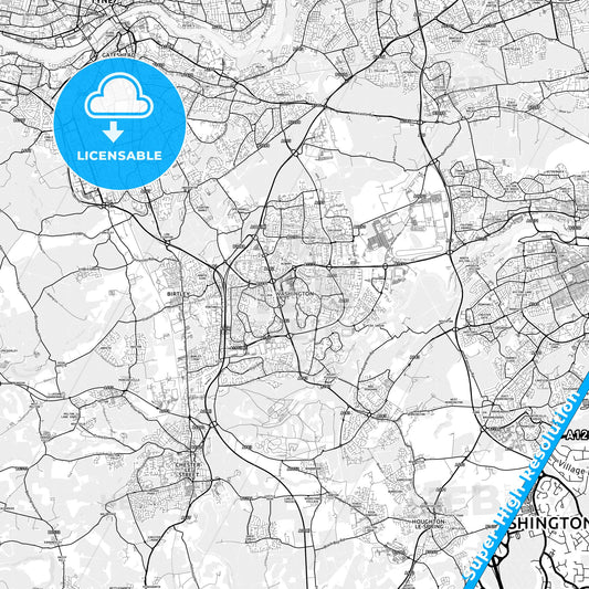 Washington, England light map with streetnames, citynames and districts