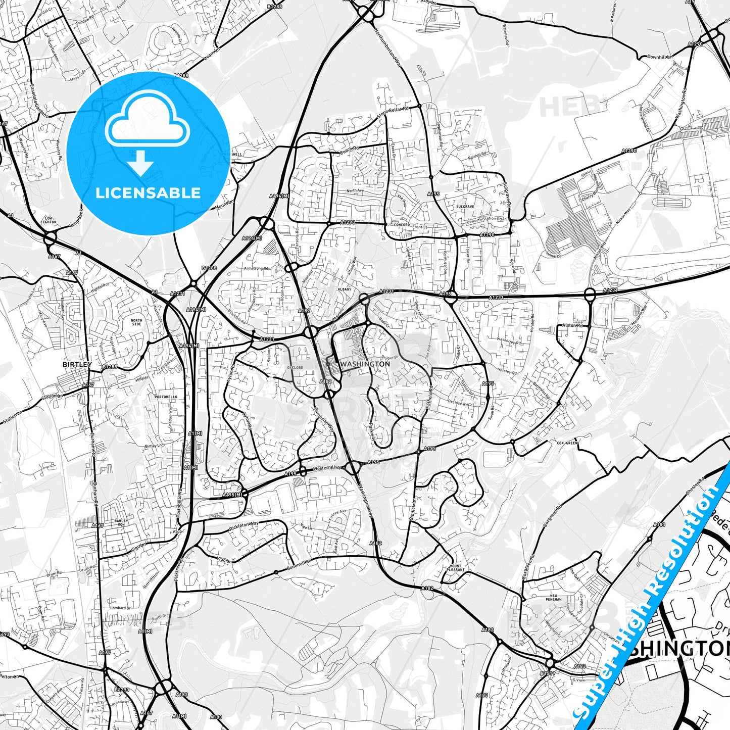 Washington, England Light Map with Street Names, City Names, and Districts