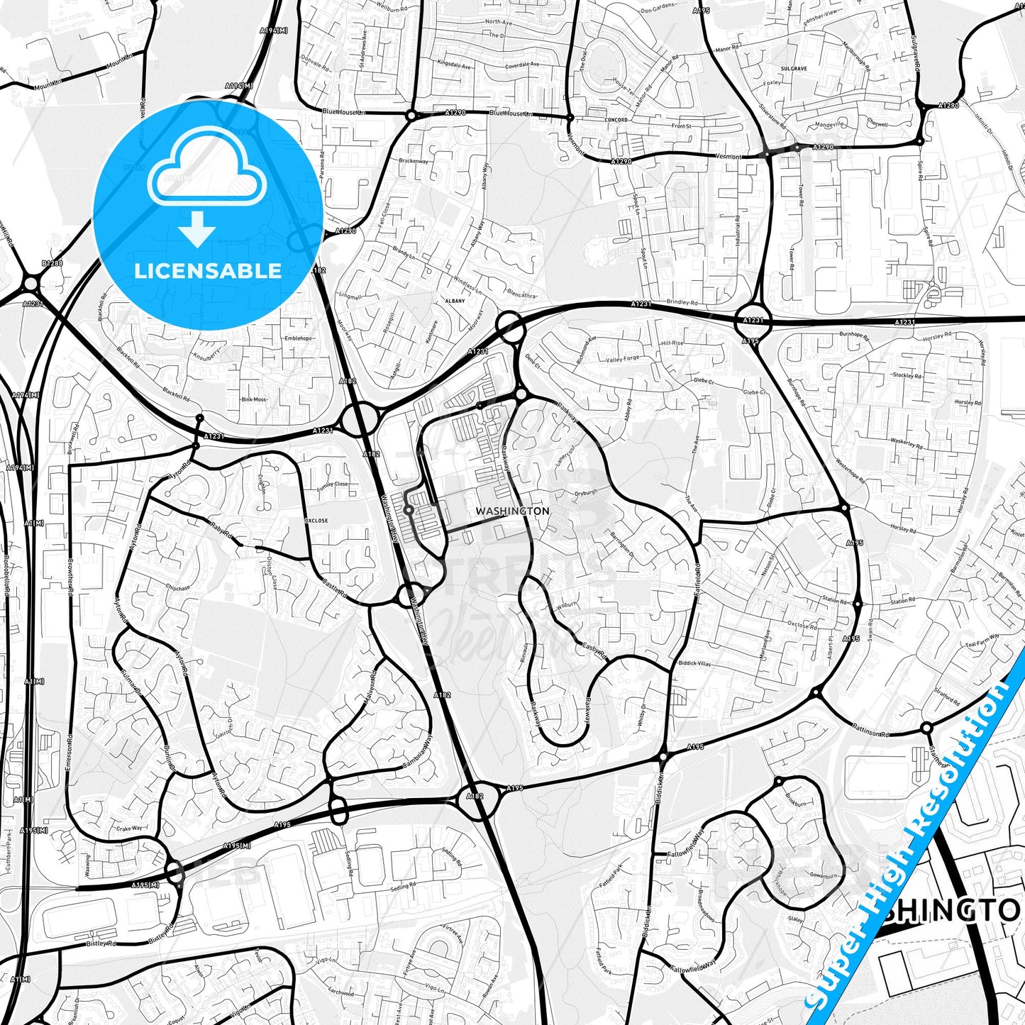 Washington, England Light Map with Street Names, City Names, and Districts