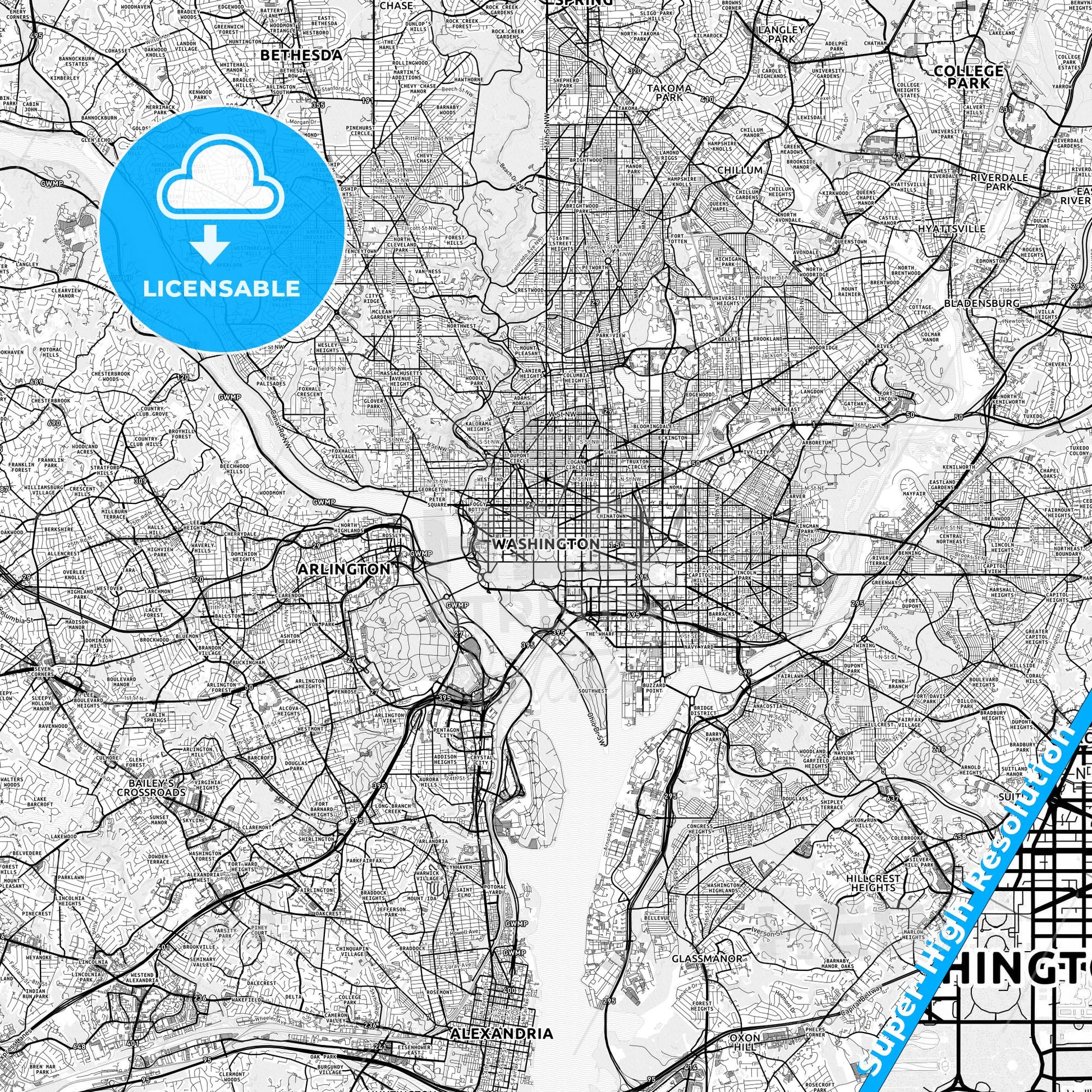Washington, D.C. light map with streetnames, citynames and districts