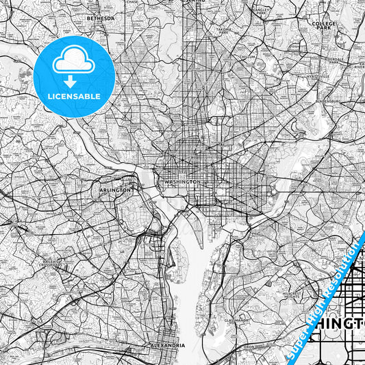 Washington, D.C. light map with streetnames, citynames and districts