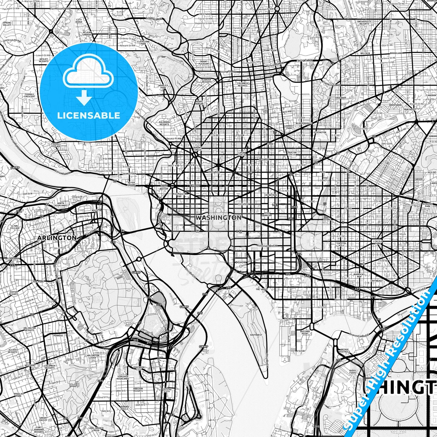 Washington, D.C. Light Map with Street Names, City Names, and Districts