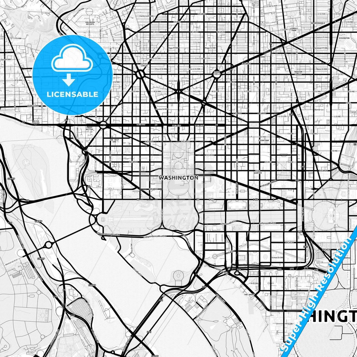 Washington, D.C. Light Map with Street Names, City Names, and Districts