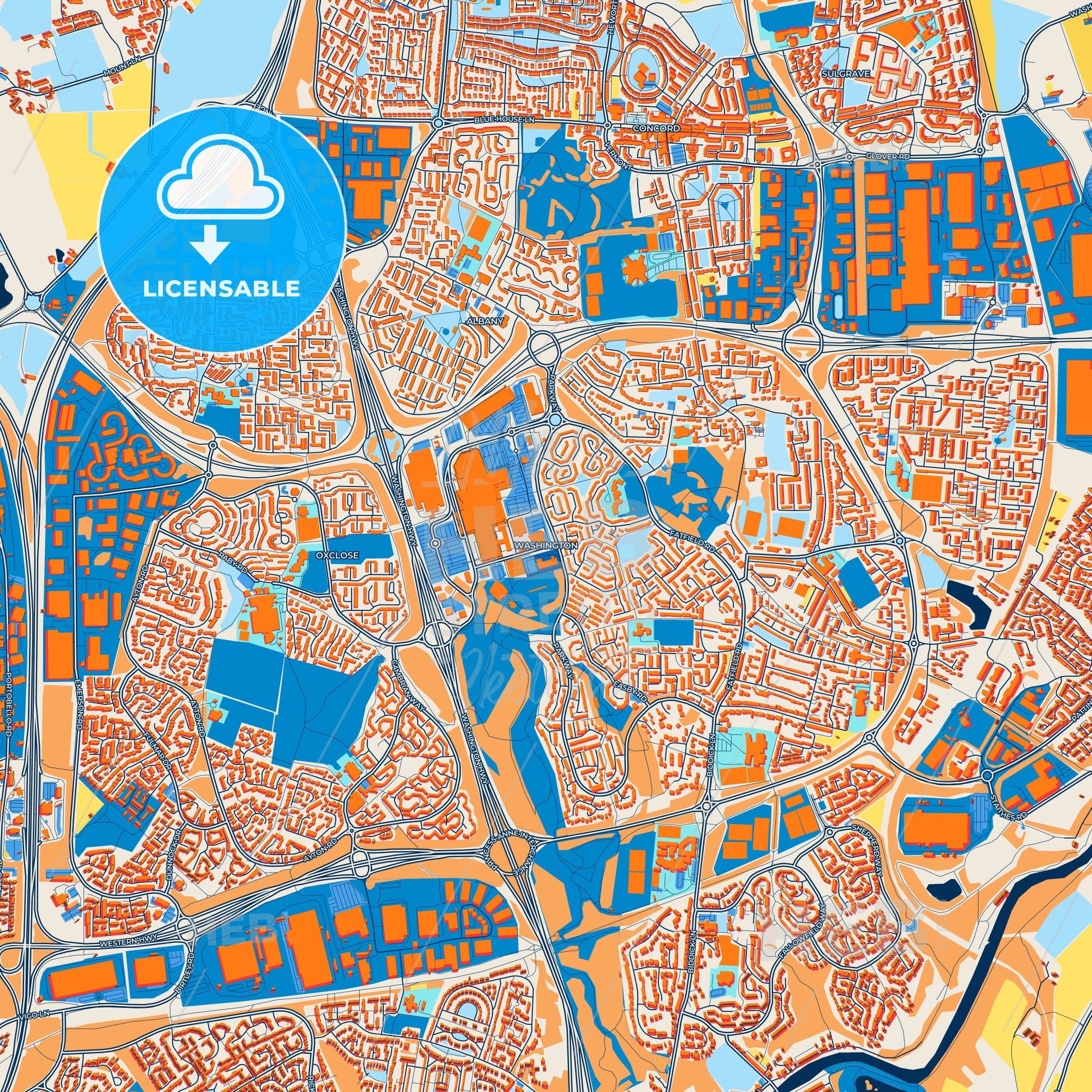 Colorful Washington Street Map with Labels and Buildings
