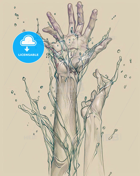 Liquid Radiance: Flowing Form on Beige Canvas - A drawing of a hand reaching out to water