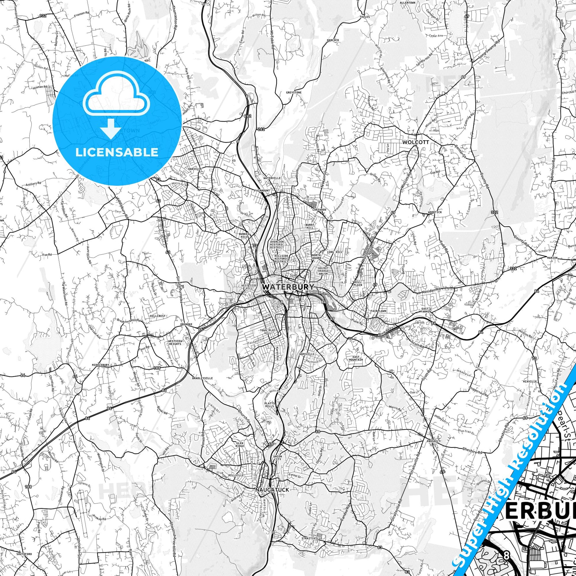 Waterbury, Connecticut light map with streetnames, citynames and districts