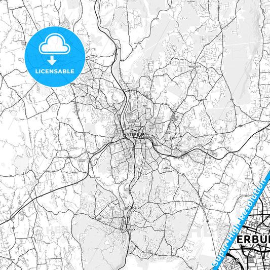 Waterbury, Connecticut light map with streetnames, citynames and districts