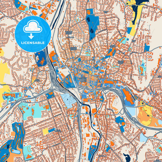 Colorful Waterbury Street Map with Labels and Buildings