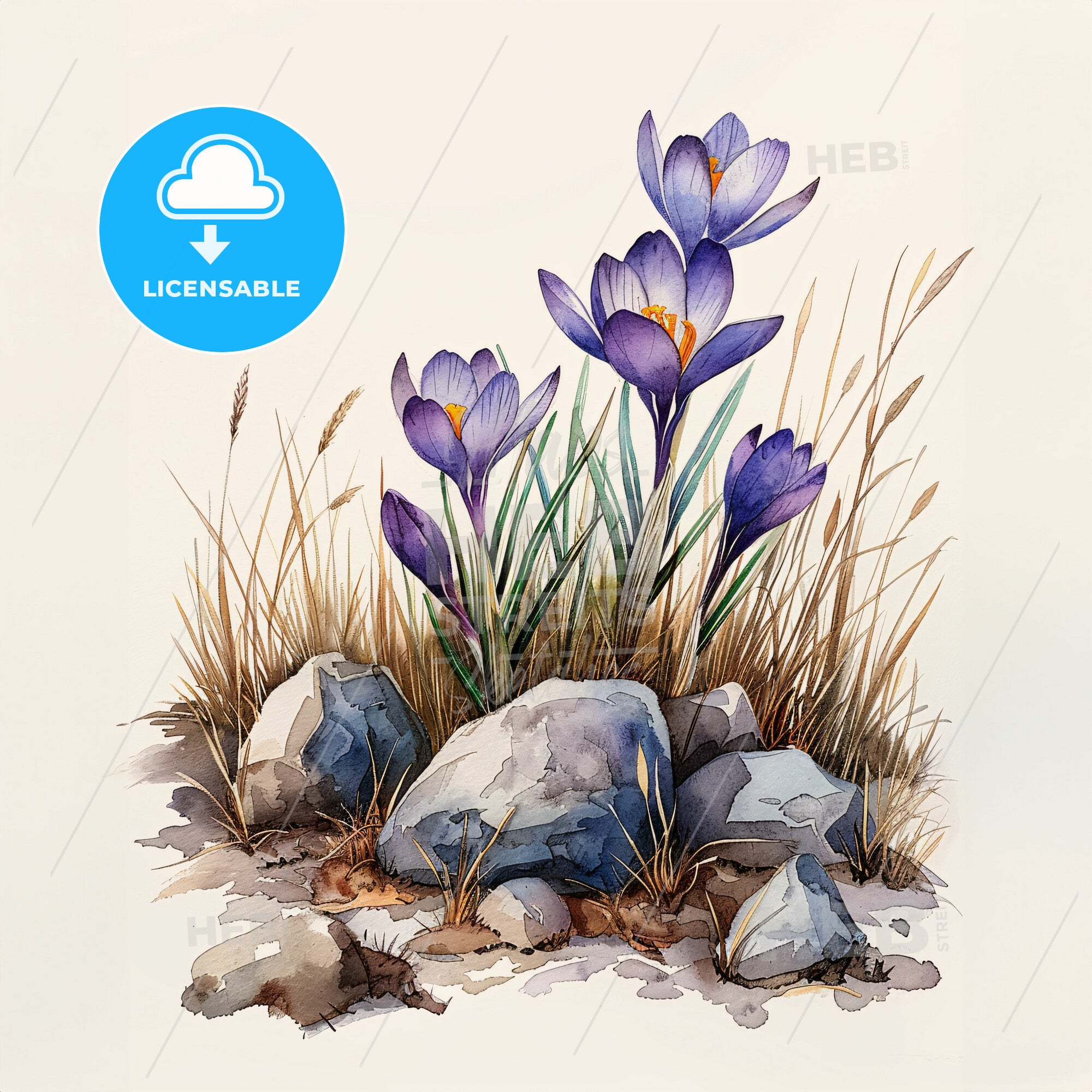 Crocus Among Rocks Watercolor Of Purple Flowers And Rocks – HEBSTREITS