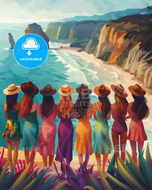Dynamic Acrylic Painting of Diverse Women in Sundresses Celebrating Bachelorette Party by the Beach