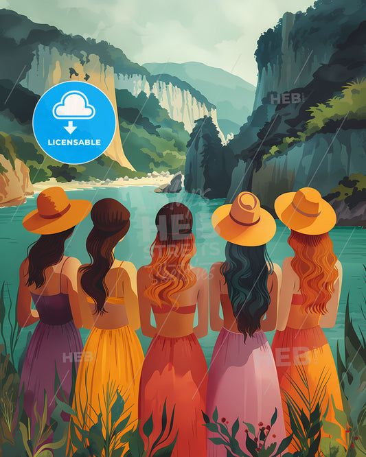 Multi-ethnic Bachelorette Party in Sundresses, Beach Celebration - Full Body Clipart of Beautiful Young Women with Long Hair, Hats, Vibrant Art