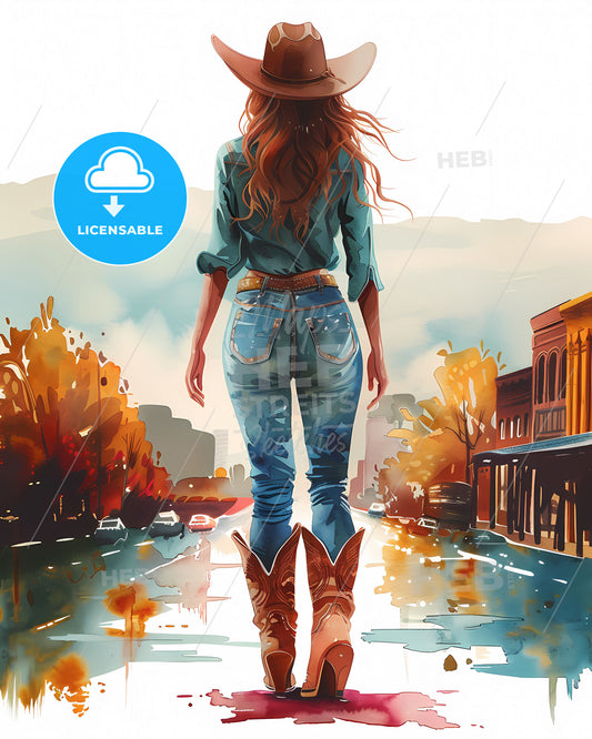 Vibrant Artistic Depiction of a Woman on Nashville's Streets: Cowboy Boots, Hat, and Jeans